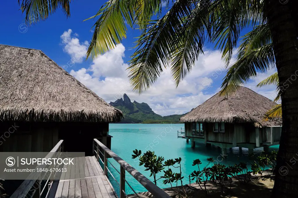 Huts on stilts, St. Regis Bora Bora Resort, Bora Bora, Leeward Islands, Society Islands, French Polynesia, Pacific Ocean