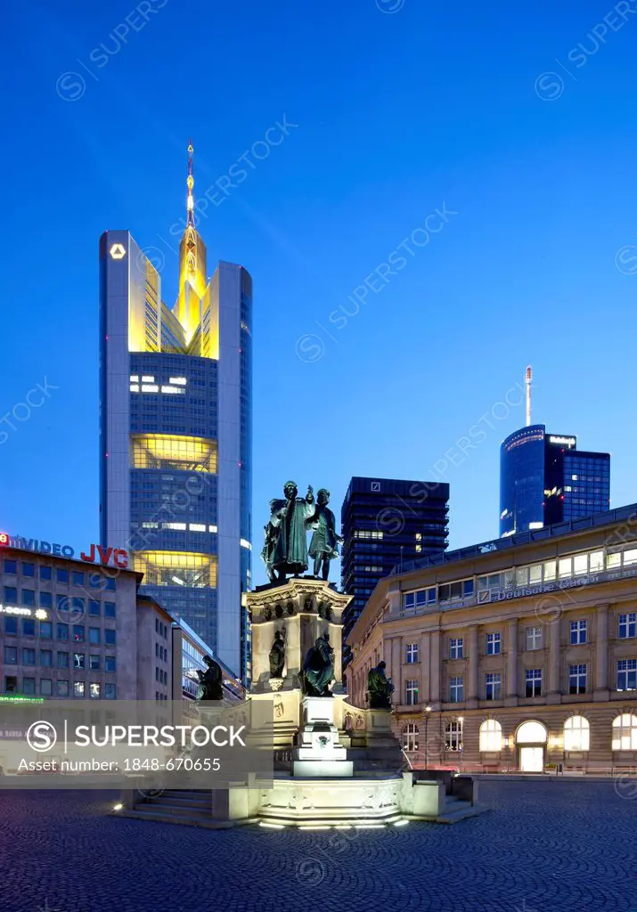 Commerzbank Tower, Johannes Gutenberg monument, Goetheplatz square, Frankfurt am Main, Hesse, Germany, Europe, PublicGround