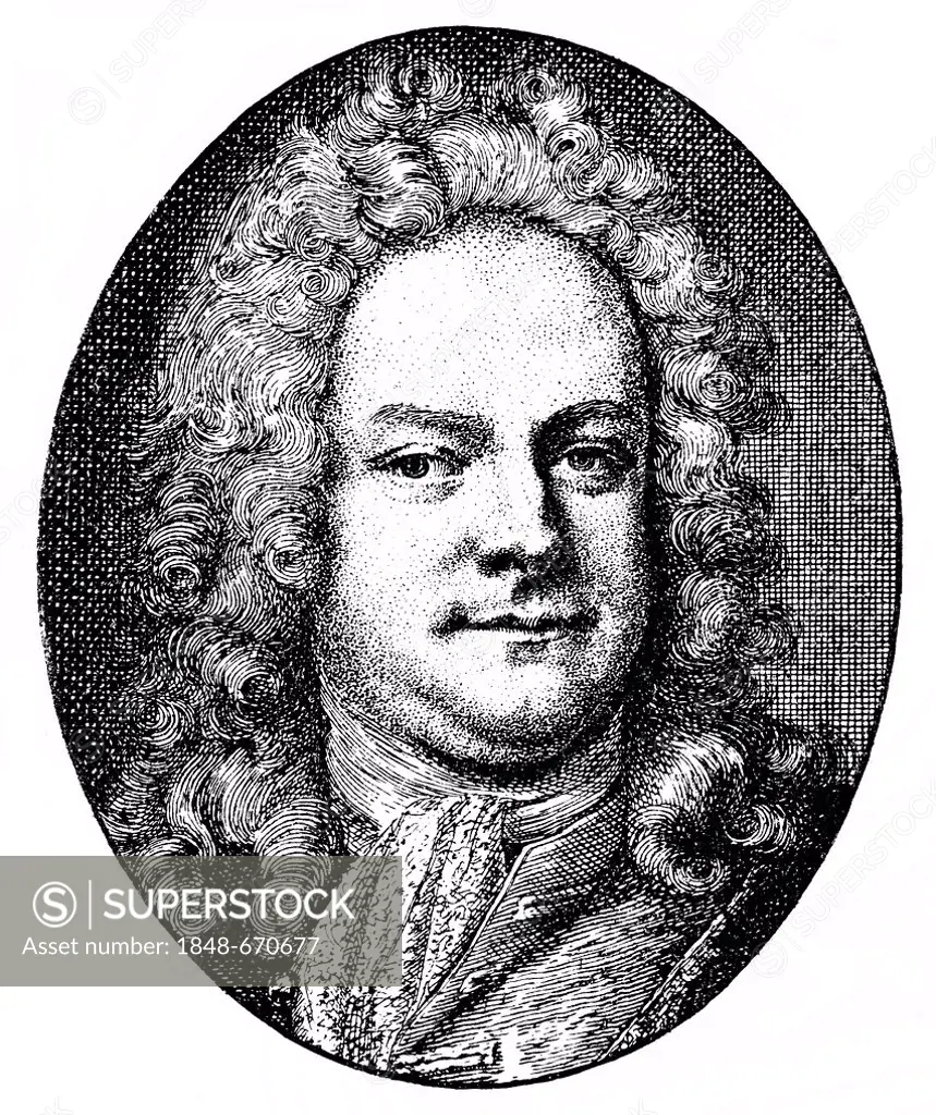 Historical drawing from the 19th Century, portrait of Johann Mattheson, 1681-1764, German composer and music writer