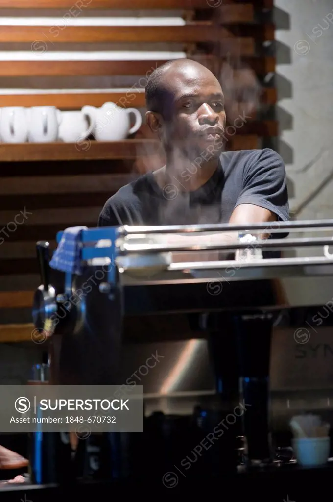 Barista and coffee machine, Cape Town, South Africa, Africa