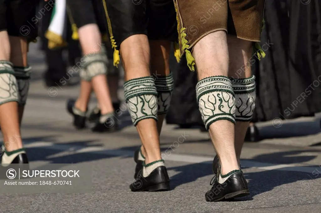 Trachtler with leather pants and alpine leg warmers, Traditional Costume and Riflemen's parade, opening of the Oktoberfest festival 2010, Munich, Uppe...