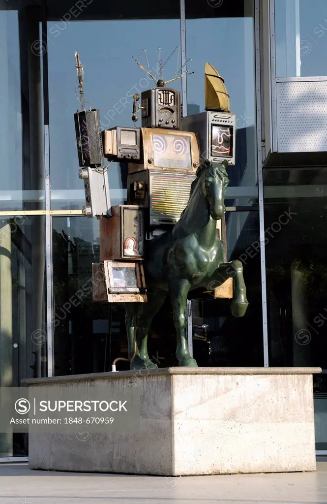 Robot equestrian statue, sculpture, entrance to the Museum of Communication, Museumsufer on the bank of the Main River, Frankfurt am Main, Hesse, Germ...