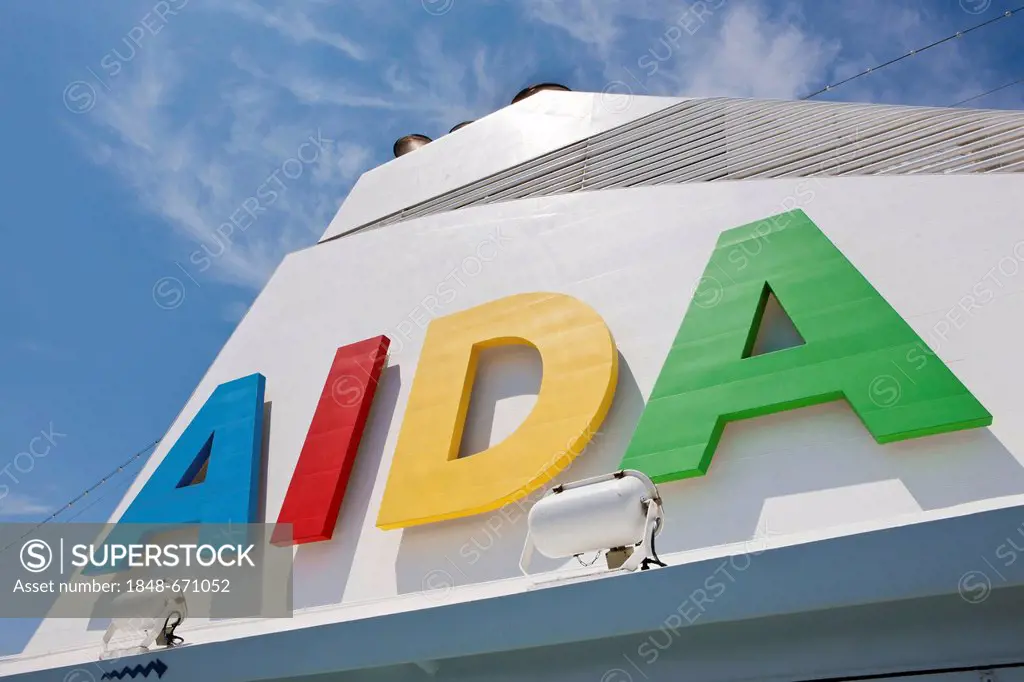 Aida Club Cruiser, logo on the funnel, Majorca, Spain, Europe - Attention: Restricted right of use! Please ALWAYS contact the press office before publ...