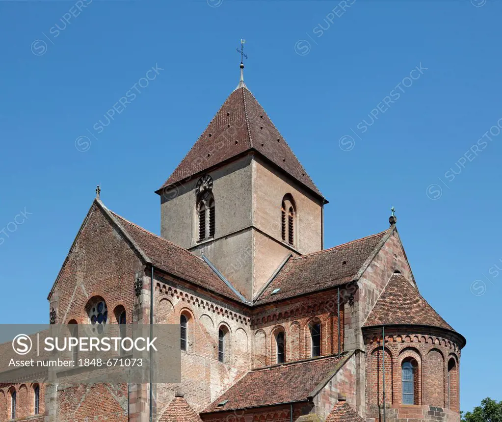 Muenster Schwarzach minster, former Romanesque monastery church of St. Peter and Paul, southwest view, Benedictine abbey Schwarzach, Rheinmuenster, Ba...
