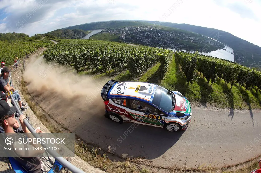 Driver Jari-Matti Latvala and co-driver Mika Anttila from Finland competing in the ADAC-Rallye Deutschland, Germany rally, in the vineyards near Piesp...