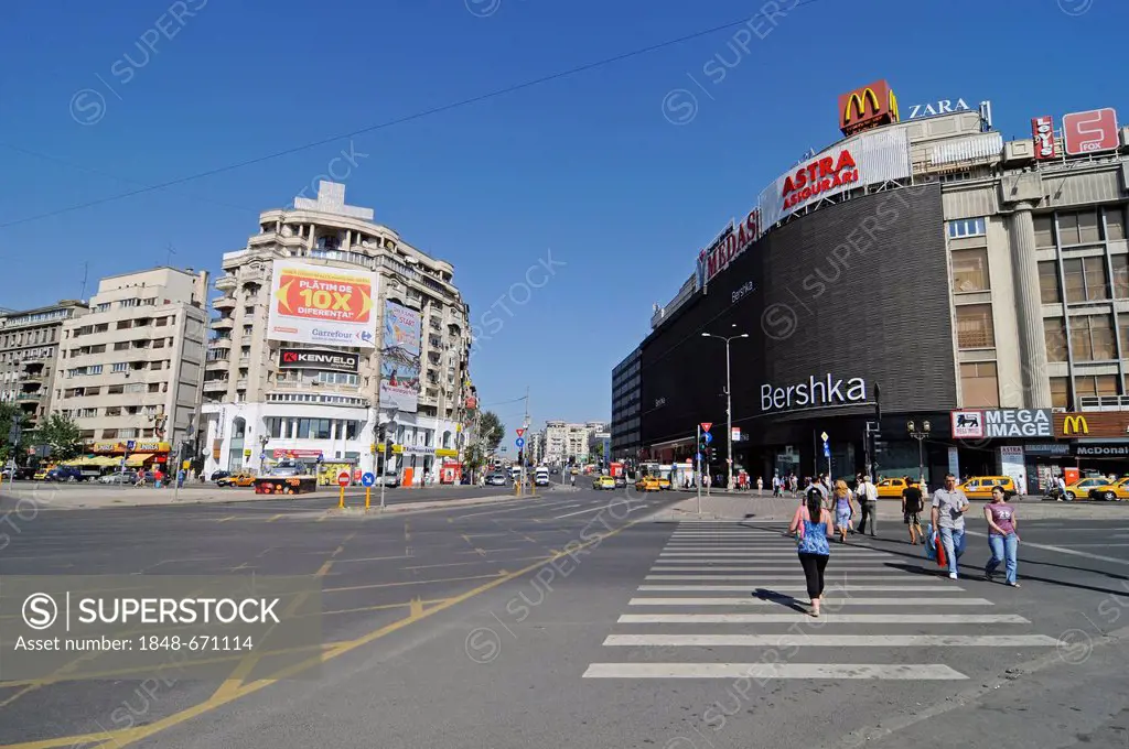 Shopping centre, street scene, billboards, Piata Unirii square, Bucharest, Romania, Eastern Europe, Europe, PublicGround