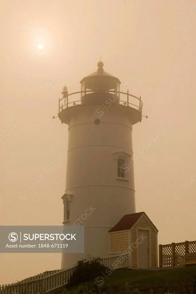 Thick fog at Nobska Lighthouse near Woods Hole on Cape Cod, Massachusetts, USA