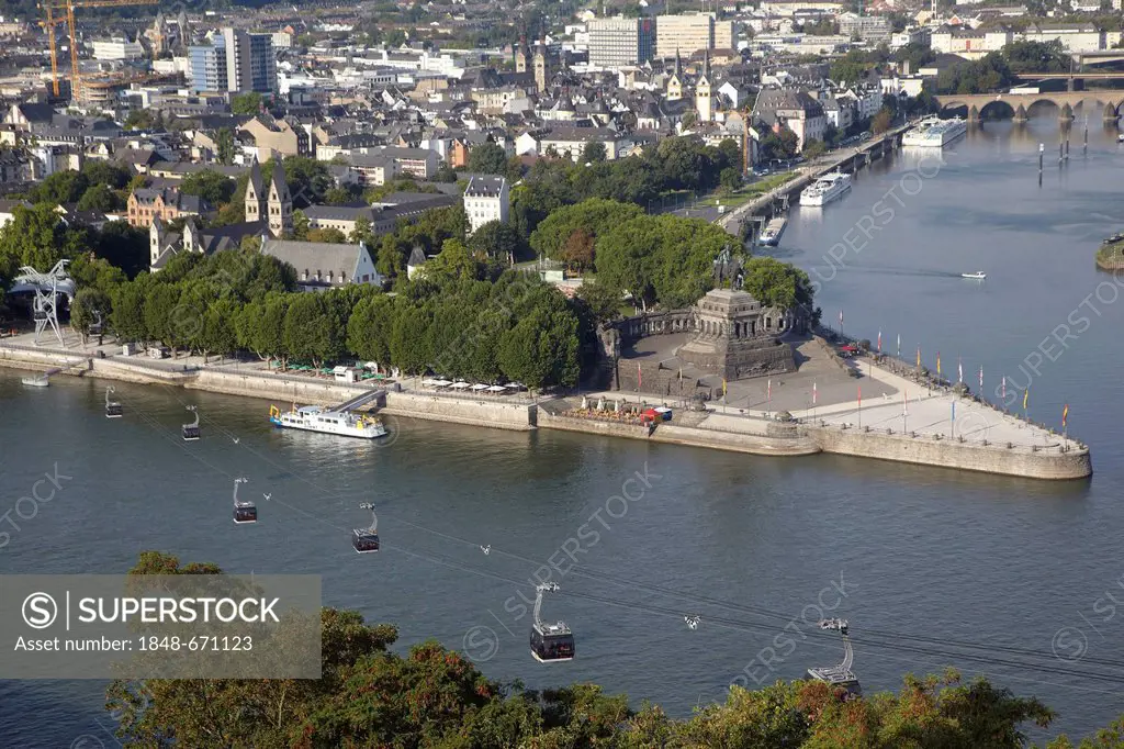 Deutsches Eck headland at the junction of the Rhine River and the Moselle River, equestrian statue of Wilhelm, a German Emperor, Rhineland-Palatinate,...