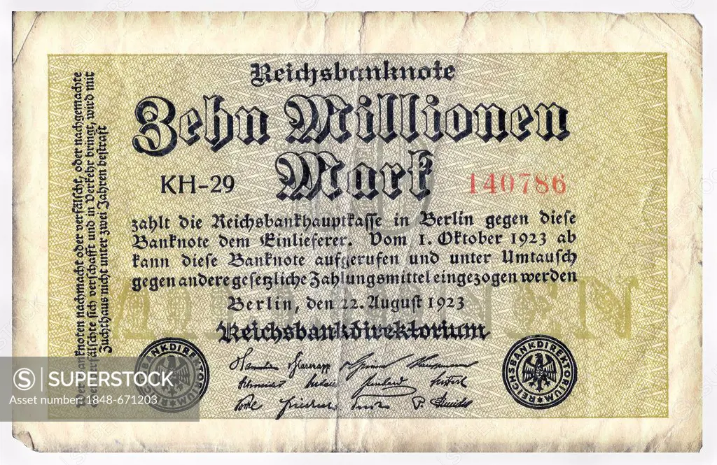 Old banknote, front, Reichsbanknote, 10, 000, 000 mark, Reichsbankhauptkasse, Reichsbankdirektorium, circa 1923