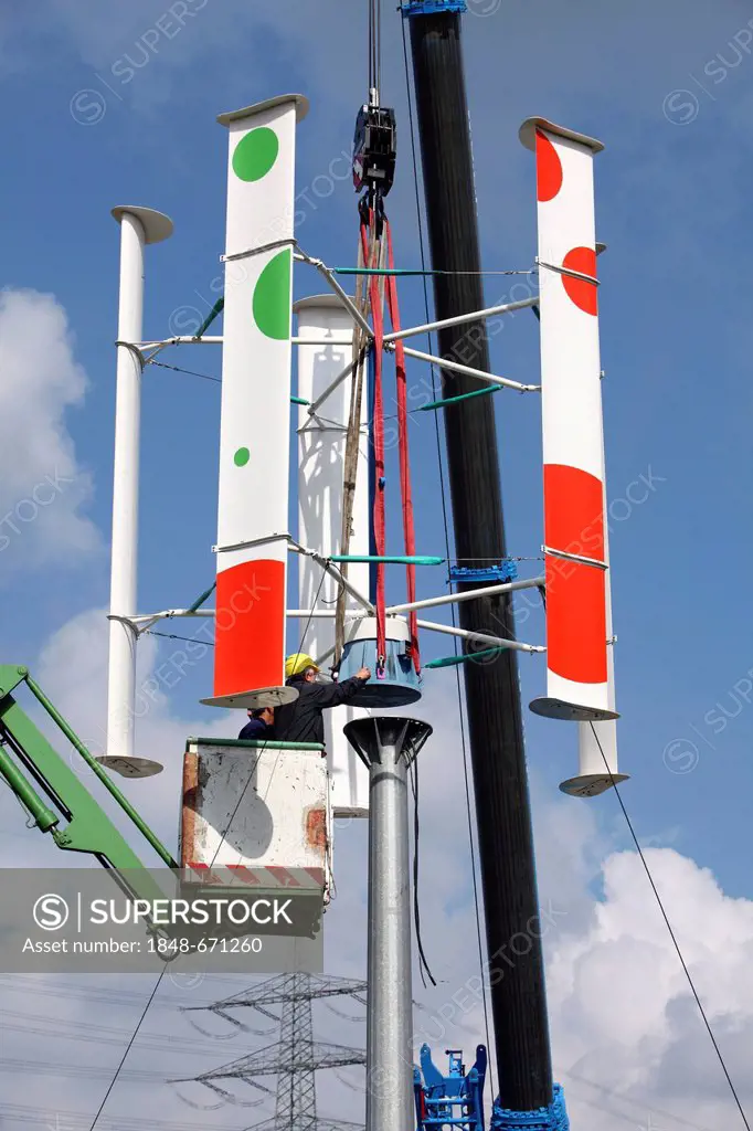 Construction of a vertical wind turbine, so-called cross-turners, testing facility from a local utility provider, Emscher-Lippe-Energie, green electri...