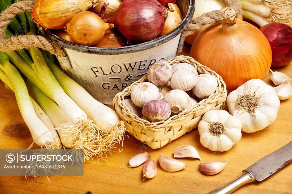 Different types of onions and garlic lying on a table