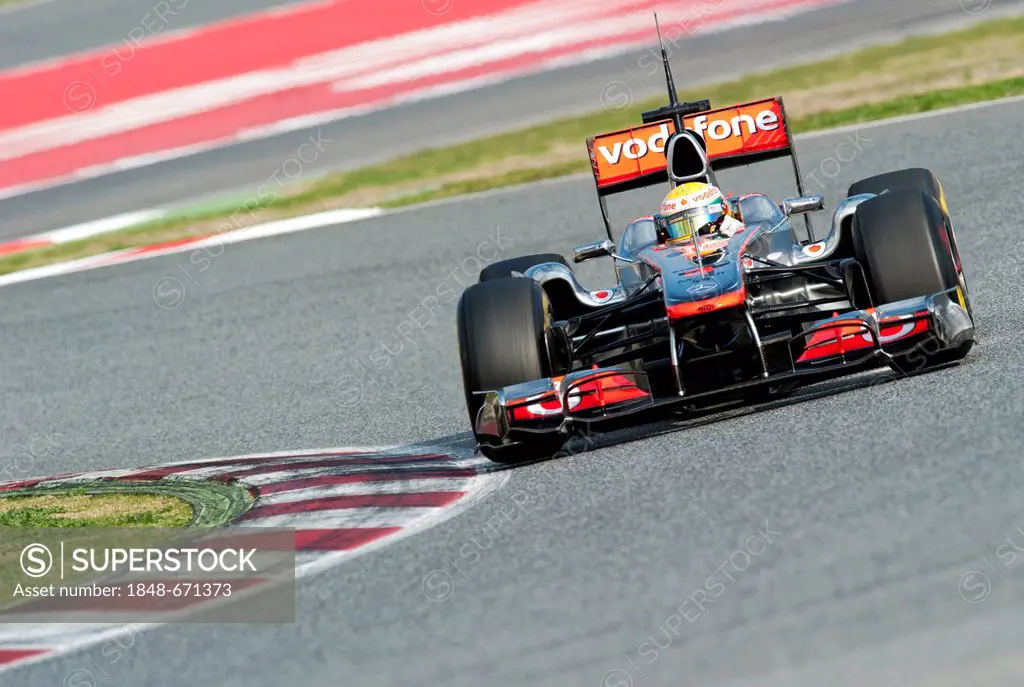 British driver Lewis Hamilton driving his McLaren-Mercedes MP4-26 car, motor sports, Formula 1 testing at the Circuit de Catalunya, Circuit de Barcelo...