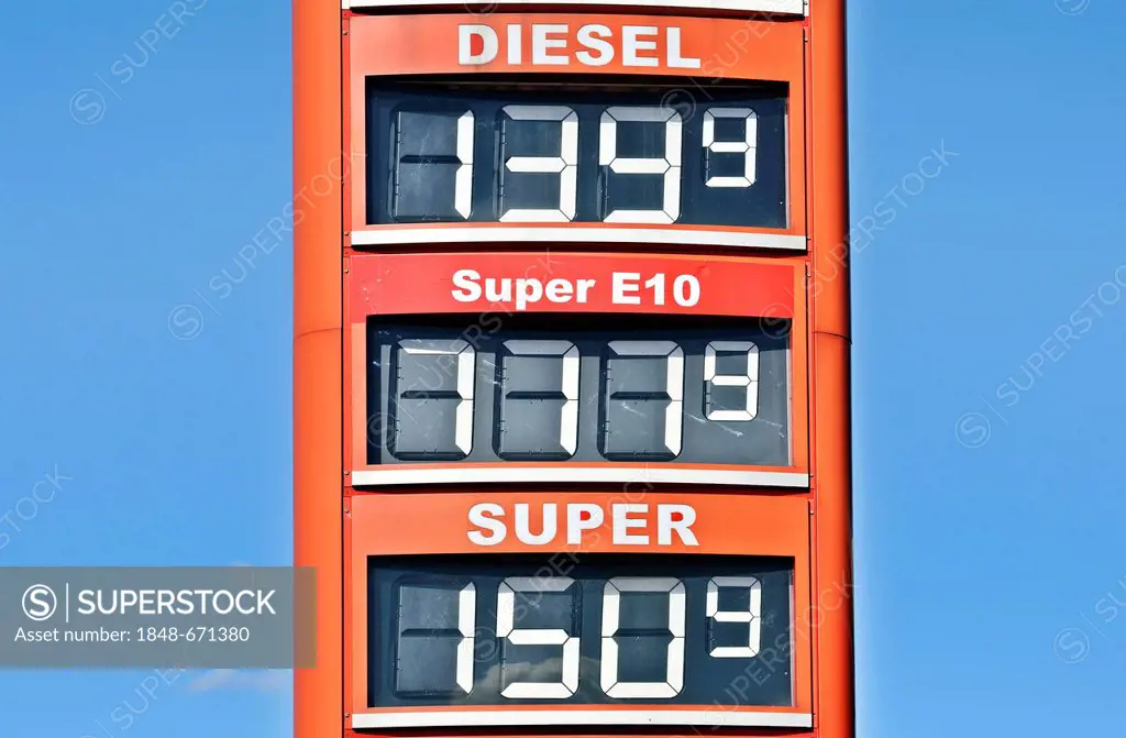 Sales stop of Super E10 gas station in Hamburg, Germany, Europe
