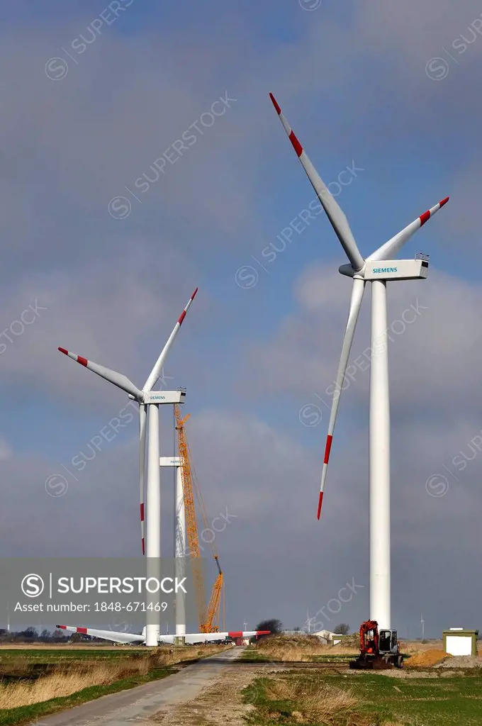 Construction of an onshore wind turbine, repowering a wind farm, North Friesland, Schleswig-Holstein, Germany, Europe