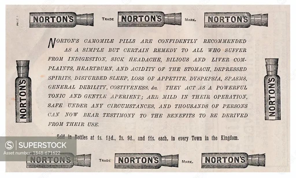 English advertising from The Idler, Merritt & Hatcher, London from 1893 for Norton's pills for headaches, England, United Kingdom, Europe