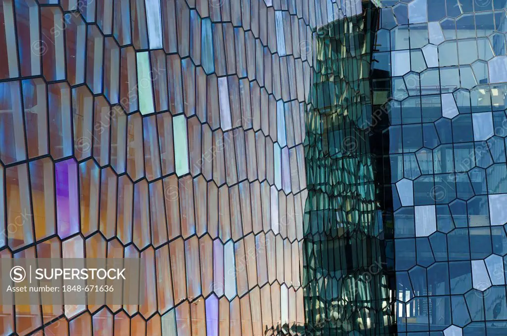Honeycomb windows, facade of the Harpa concert hall, new landmark of Reykjavík, Iceland, Europe