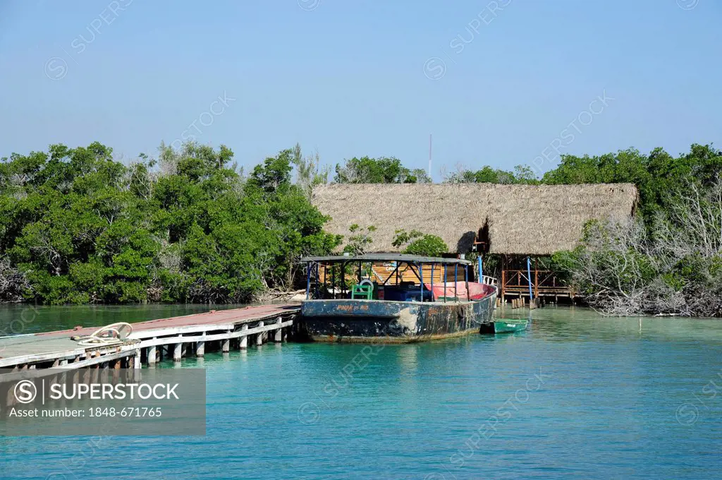 Old boat at the pier of Cayo Levisa island, Pinar del Rio province, Cuba, Greater Antilles, Gulf of Mexico, Caribbean, Central America, America