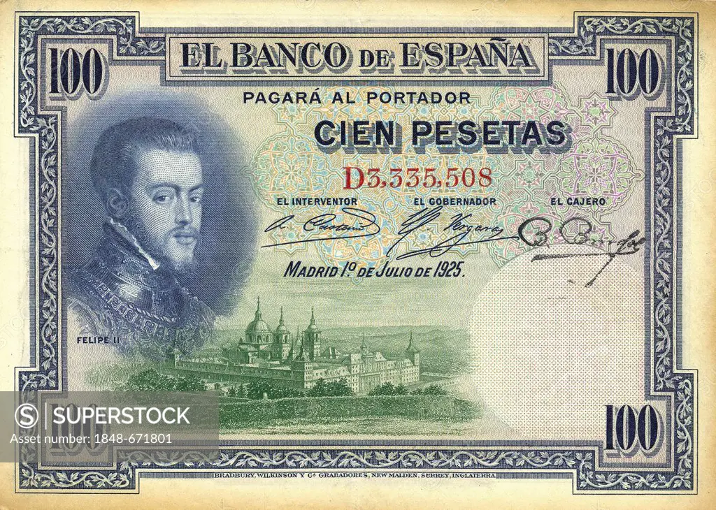 Banknote from Spain, 100 peseta, Philip II of Spain, Felipe II, 1925