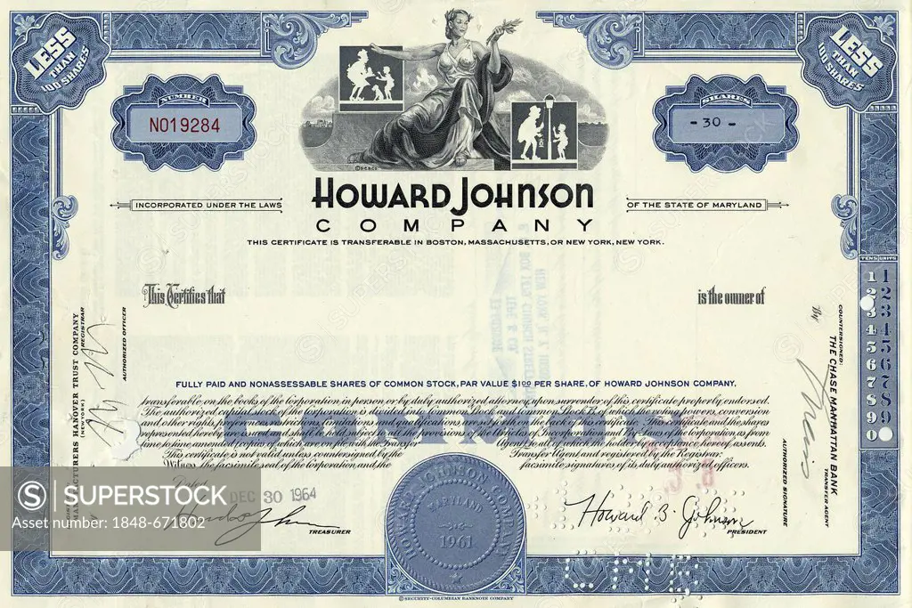 Historical stock certificate, restaurant and hotel chain, Howard Johnson Company, 1964, Maryland, USA