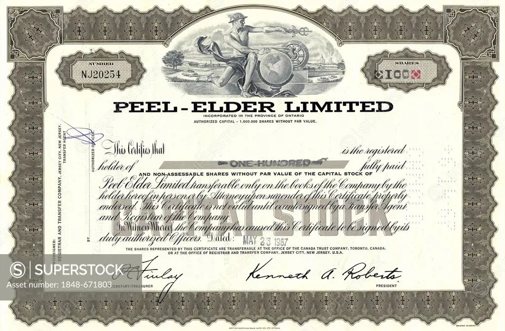 Historical stock certificate, mining company, real estate, Peel-Elder Limited, 1967, Peel Village Development in Brampton, Ontario, Canada