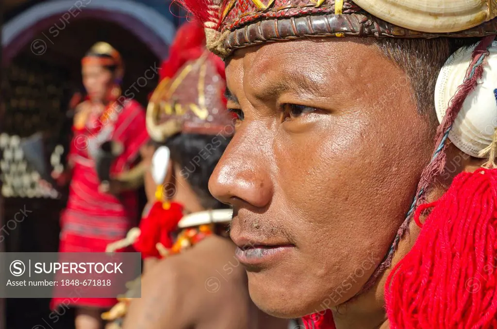 Phom warriors in full gear at the annual Hornbill Festival in Kohima, India, Asia
