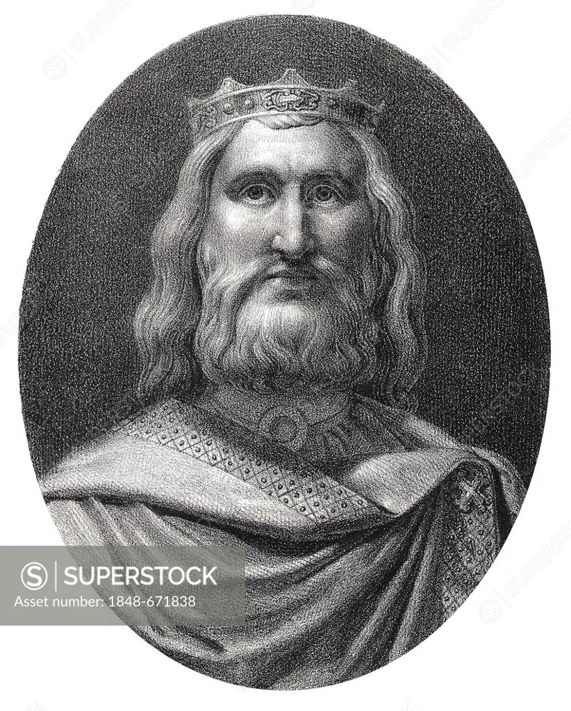 Historical steel engraving from the 19th Century, portrait, the Frankish king of the Merovingian dynasty, Chlodwig I or Chlodowech or Clovis or Chlodo...