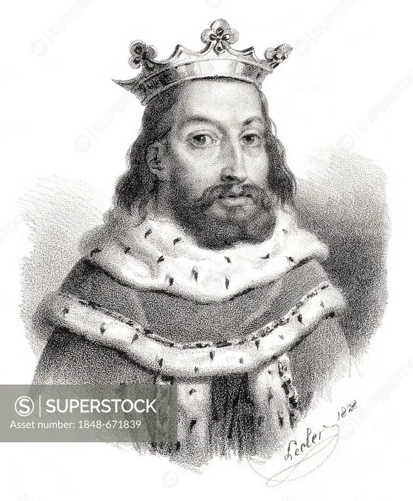 Historical steel engraving from the 19th Century, portrait, Sancho II or Dom Sancho II o Capelo, the fourth King of Portugal from the House of Burgund...