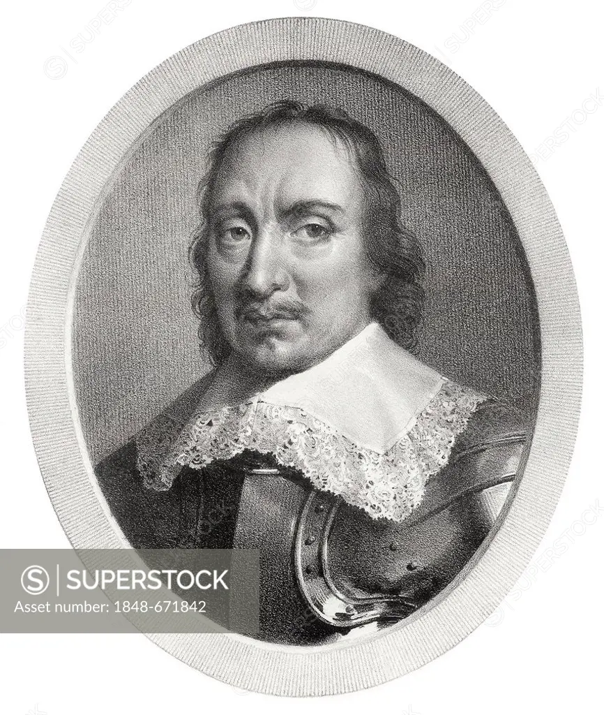 Historical steel engraving from the 19th Century, portrait, Oliver Cromwell, the founder of the English republic, Lord Protector of England, Scotland ...