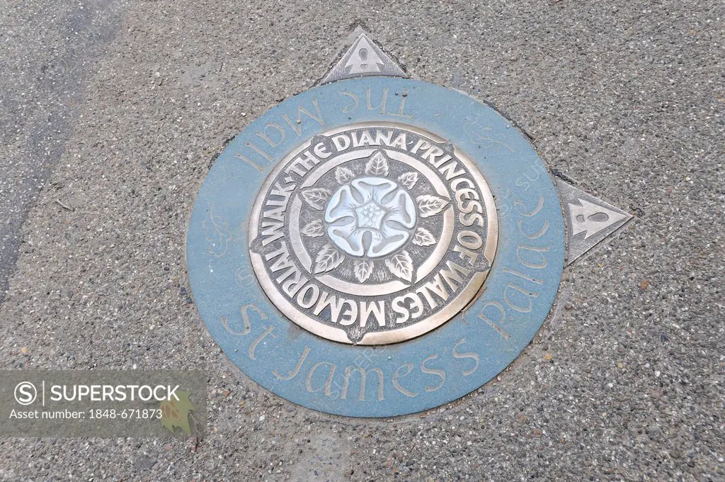 Memorial plaque on the ground, Diana Princess of Wales Memorial Walk, near Knightsbridge, London, England, Great Britain, Europe