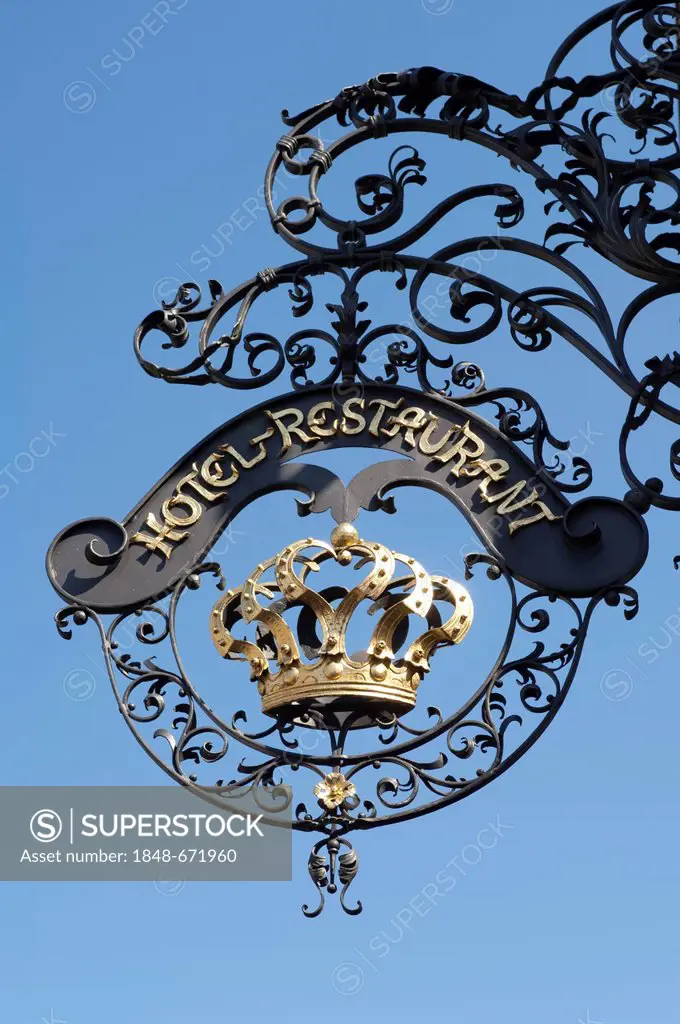 Wrought iron hanging sign, Krone, crown, Hotel and Restaurant