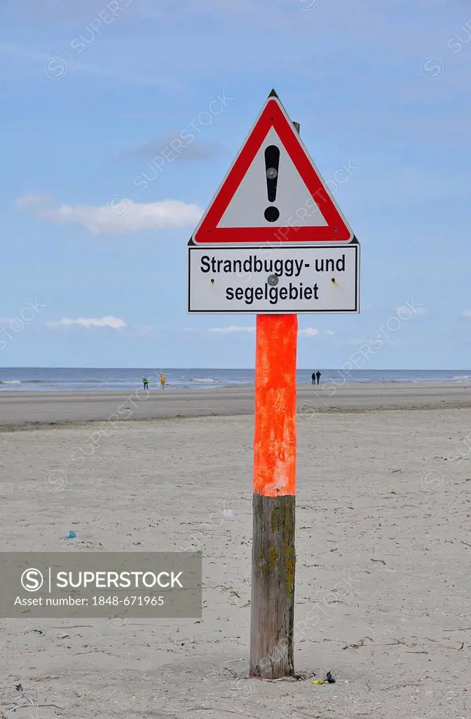 Warning sign, beach buggy and sail area, beach on the North Sea, St. Peter-Ording, Schleswig-Holstein, Germany, Europe