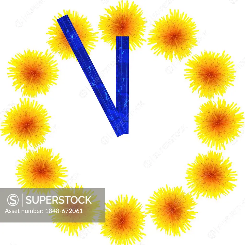 Clock made of dandelions and solar modules as fingers showing five to twelve