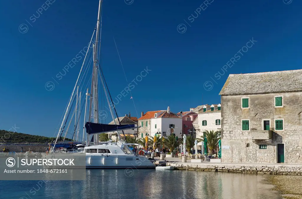 Sailing boat in the harbour, Primosten, Dalmatia, Croatia, Europe