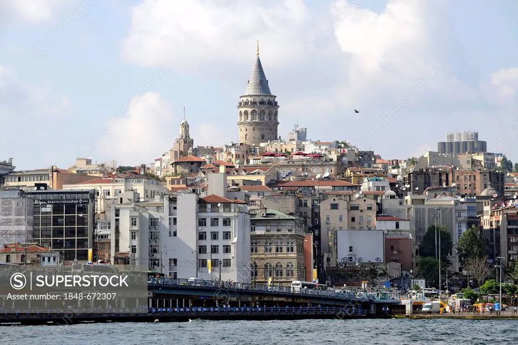 View of Galata Tower or Galata Kulesi, and Galata Bridge or Galata Koepruesue, Beyoglu district, Golden Horn, Halic, Bosphorus, Bogazici, Istanbul, Tu...