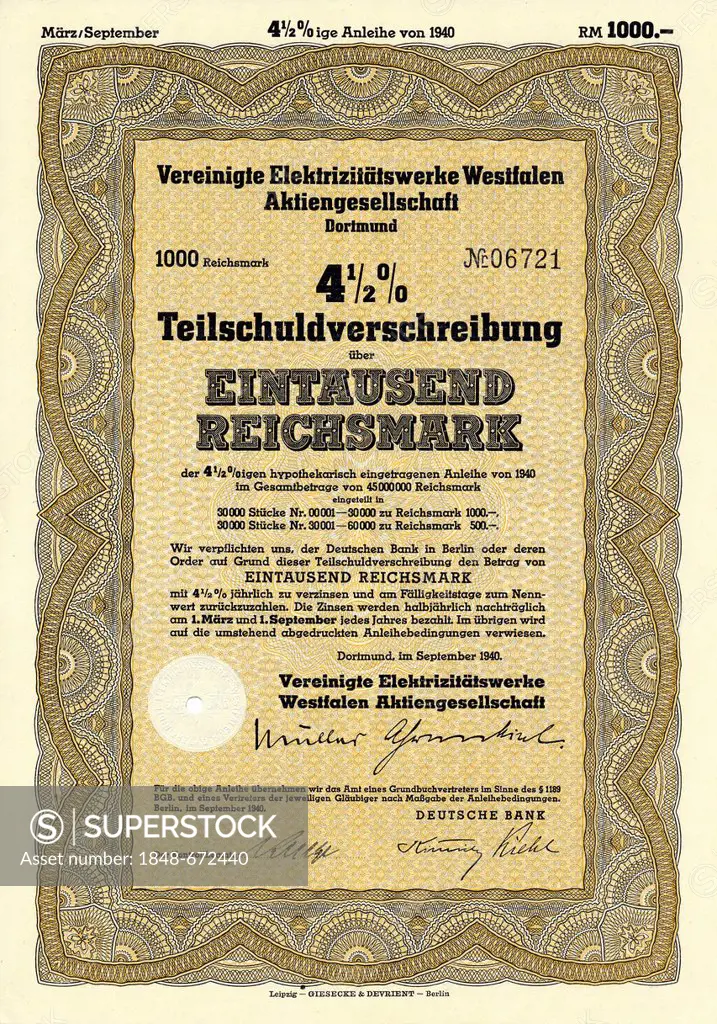 Historic security, partial debenture, 1000 reichsmarks, 1940, Vereinigte Elektrizitaetswerke Westfalen Aktiengesellschaft, VEW, a power supplier, toda...