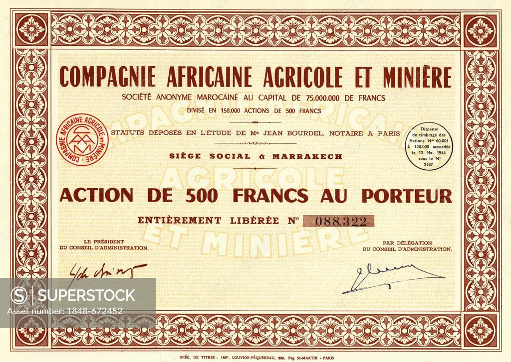 Historic stock certificate, colonial share certificate, issued in 1954 in Paris, 500 French francs, France, Europe, Compagnie Africaine Agricole et Mi...