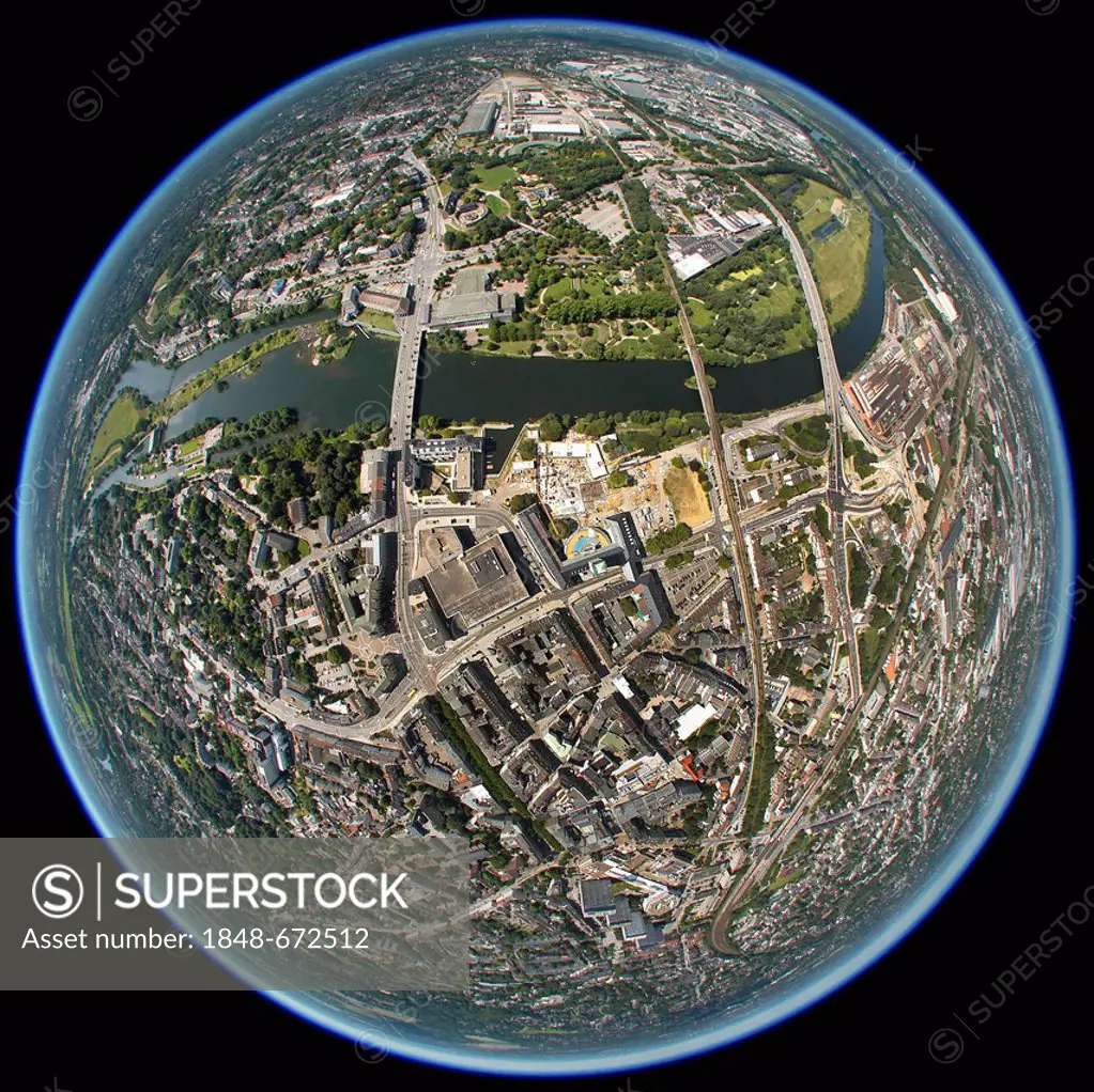Aerial view, shot with a fisheye lens, rebuilding in the city centre, Ruhrbania project, Muelheim an der Ruhr, Ruhr area, North Rhine-Westphalia, Germ...