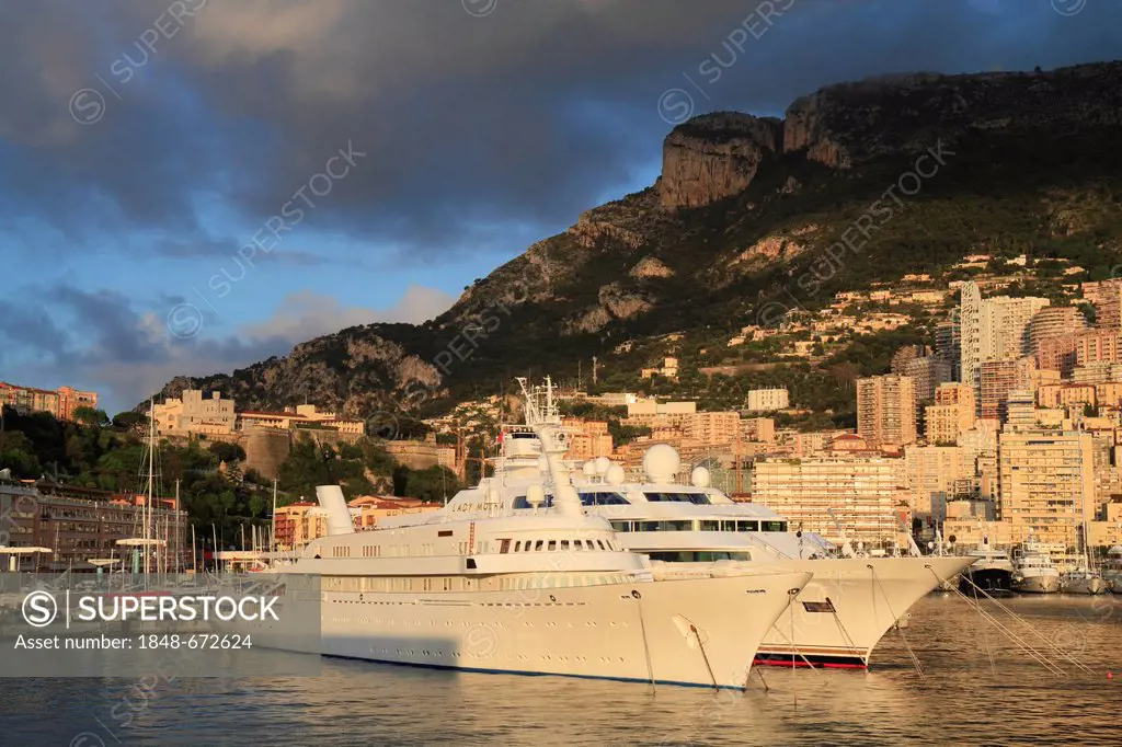 Port Hercule in the early morning with the cruisers Atlantis II and Lady Moura, Principality of Monaco, French Riviera, Mediterranean Sea, Europe