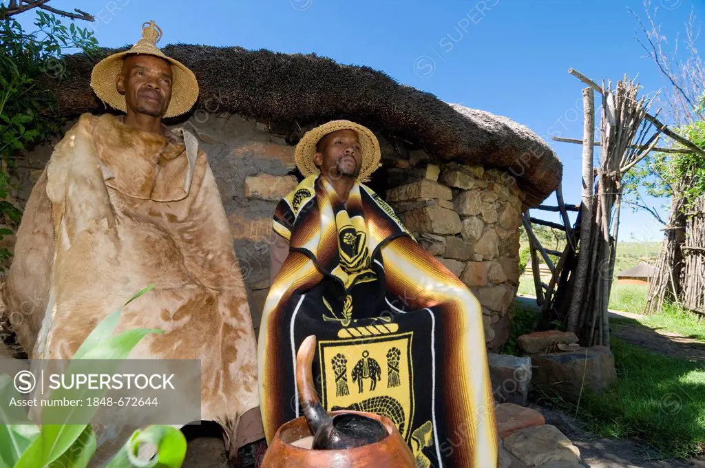 Men in traditional costume, Basotho Cultural Village, Golden Gate National Park, Free State, South Africa, Africa