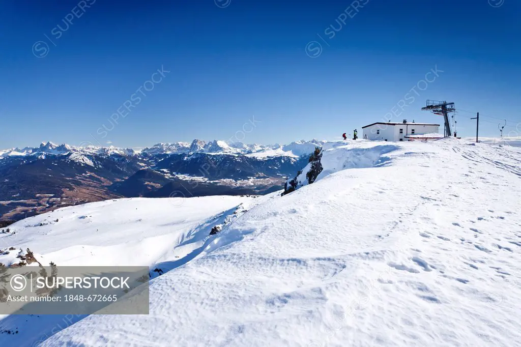 Top station of the Rittnerhorn ski resort, view on the Dolomites with Sassolungo and Plattkofel mountains and Odle and Sella massifs, above the Renon,...