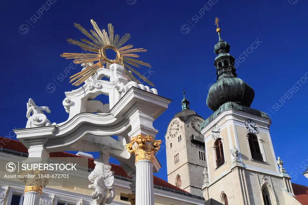 Trinity Column, Rathausplatz square, former Frauenbergkirche church, Parish Church of St. Nicholas, Stein an der Donau, Krems an der Donau, Lower Aust...