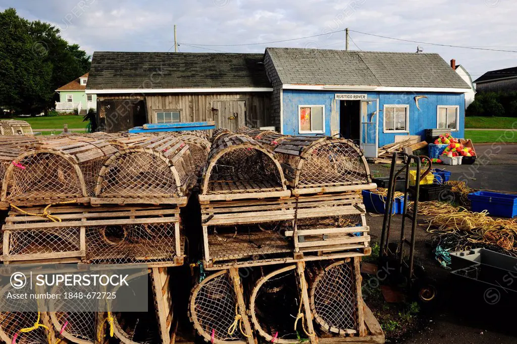 Fishermen's huts with lobster baskets in the port of North Rustico, Prince Edward Island, Canada, North America