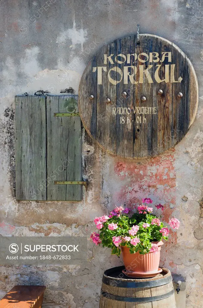 Inn sign, Konoba wine cellar, Primosten, Dalmatia, Croatia, Europe
