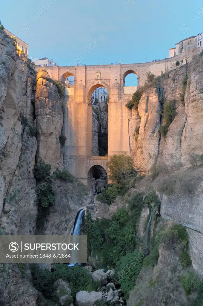 Guadalevín River and waterfall, Puente Nuevo, El Tajo Gorge, Ronda, Malaga Province, Andalusia, Spain, Europe