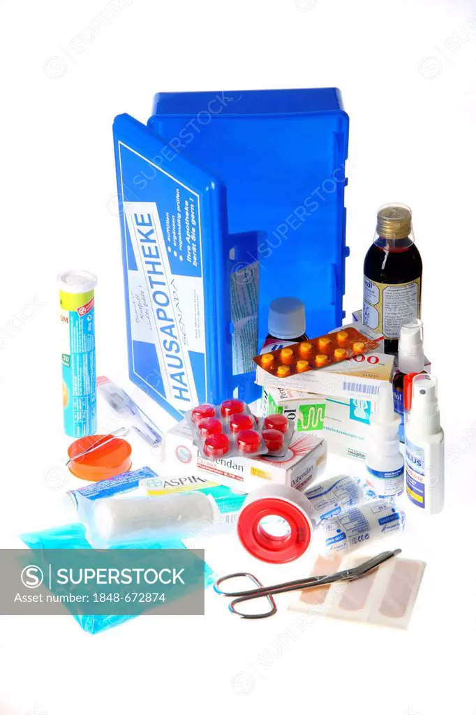 Home medicine chest with a selection of medicines and dressing material