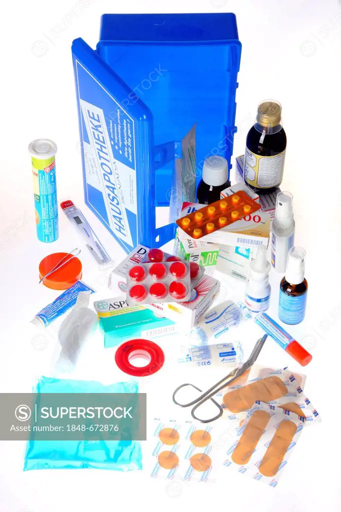 Home medicine chest with a selection of medicines and dressing material