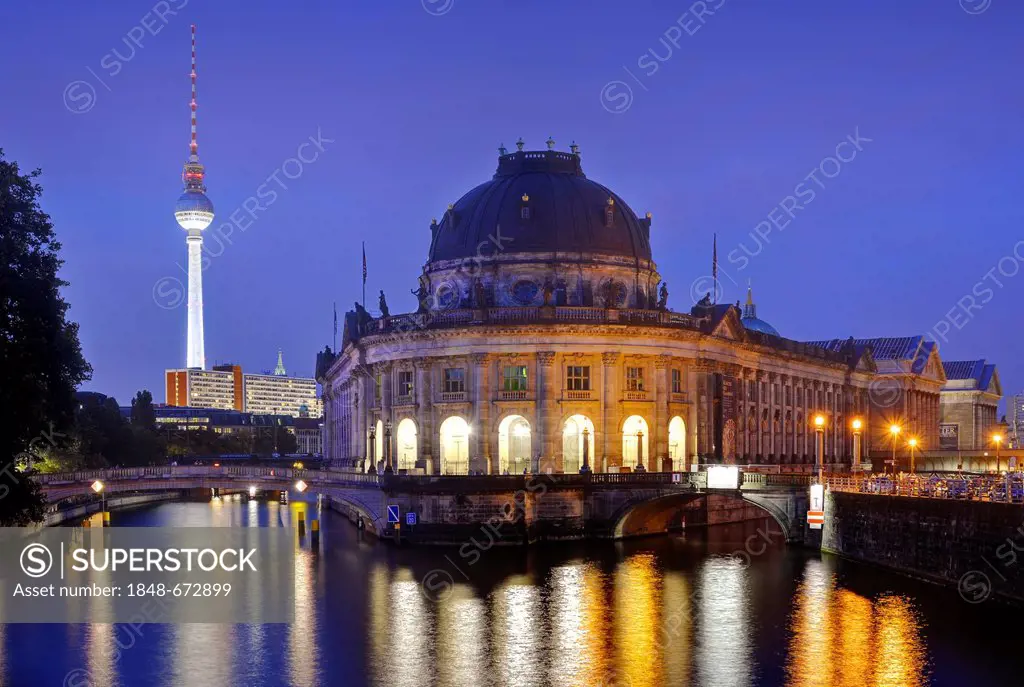 Night view at the blue hour, Bode-Museum, TV tower, Museumsinsel island, UNESCO World Heritage Site, Mitte district, Berlin, Germany, Europe