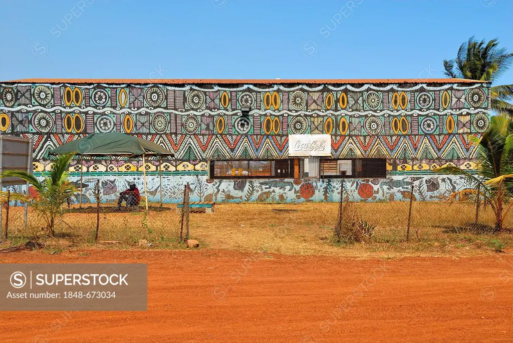 Workshop building painted with Aboriginal patterns, Tiwi Islands, Northern Territory, Australia