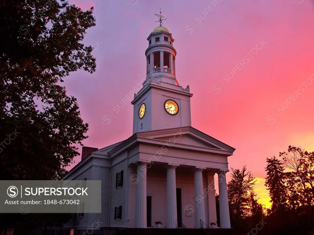 First Parish in front of a spectacular sunset, Concord, Massachusetts, USA
