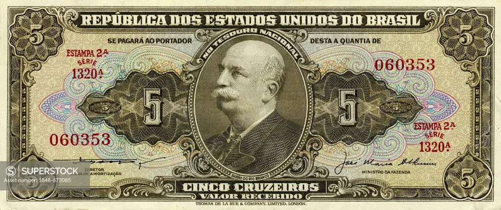 Historic banknote, 5 cruzeiros, image of Jose Maria da Silva Paranhos, Baron of Rio Branco, 1964, Brazil, South America